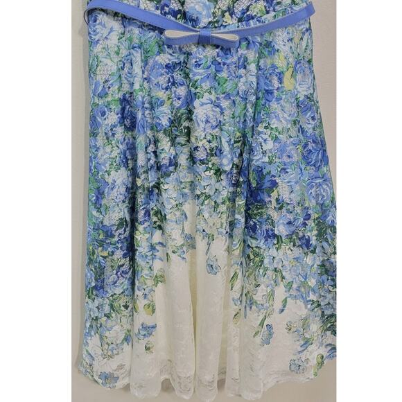 Danny and Nicole Dress Womens 12 Sleeveless Floral Lace Blue/White Belted Dress - Picture 4 of 16